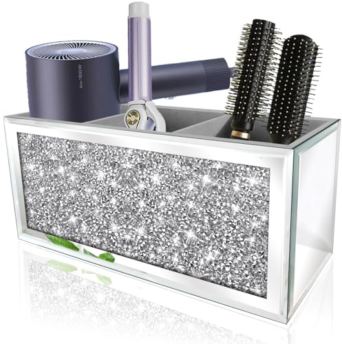XIHACTY Spiegel Haartrockner-Halter Crystal Crush Diamond Hair Tool Organizer Wandhalterung Silber Badezimmer Schrank Tablett für Föhne, Haartrockner, Glätteisen, Bürsten und Kämme (26,7 x 10,2 x 12,7