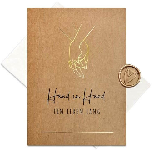 Karte zur Hochzeit aus Kraftkarton mit goldener Heißfolienprägung - Hand in Hand - Inkl. Briefumschlag und Wachssiegel