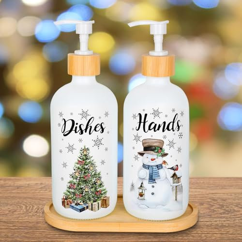 JarThenaAMCS 2Pcs Christmas Soap Dispenser Snowman Snowflake Xmas Tree Glass Soap Dispenser with Pump Refillable Liquid Soap Container for Winter Kitchen Bathroom Decor