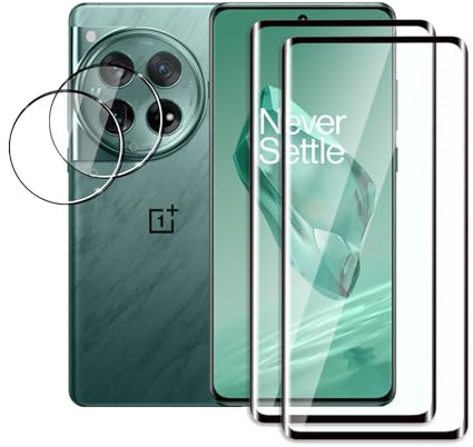 QZJinch Lot de 4, 2 x Verre Trempé pour OnePlus 12 et 2 x Protection Caméra Arrière,3D Incurvé Couverture Complète,Dureté 9H,HD Transparent,Anti Rayures,Compatible avec OnePlus 12