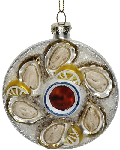 Christbaumschmuck Glas 10,2cm - Austernplatte Figur zum Aufhängen - handbemalt & mit Glitzer - Weihnachtsbaum Anhänger für Weihnachten - Christbaumanhänger & Weihnachtsbaumschmuck - Essen Muscheln
