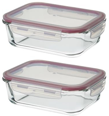LOLAhome Set de 2 fiambreras de cristal con tapa hermética de 1040 ml. Juego de 2 recipientes herméticos de vidrio de borosilicato transparente apto para microondas, horno hasta 400ºC y congelador.