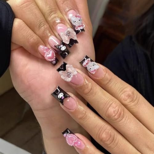 MouyouGlow Press on Nails Mittellang,Ballerina Cute Kawaii Schwarz French 3D Fliege Bow Tie Kitty Kuro mi Carton Herz Perle Y2K Fake Nails mit Nagelkleber,Künstliche Fingernägel