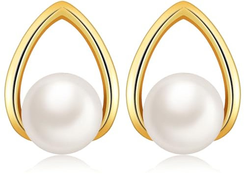 MASOP Perlenohrringe Goldfarbe Ohrstecker Weiße Perlen Tropfen Perlenohrstecker für Damen Frauen Freundin Mama Braut