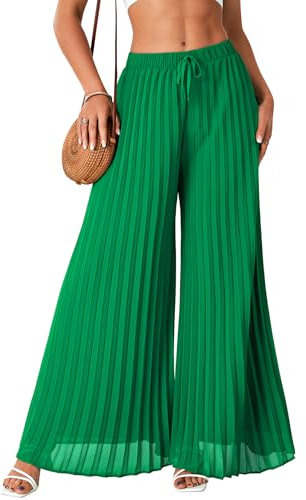 OPOIPIN Women's Chiffon Wide Leg Pleated Pants High Waist Flowy Loose Casual Long Trousers Green Small