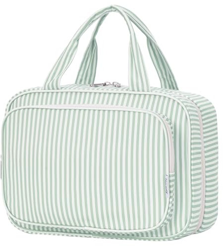 Narwey Kulturbeutel Damen Kulturtasche zum Aufhängen Waschtasche Kosmetiktasche Groß Waschbeutel Kosmetik-Organizer für Damen Mädchen(Mintgrüner Streifen (Groß))
