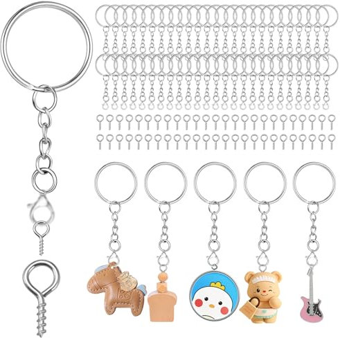 Ledebouk Schlüsselring mit Kette, 150 Stück Schlüsselanhänger Basteln Set (50 Schlüsselanhänger Ringe Kette +50 Schrauböse Pins+50 Stück offene Binderinge), für Schlüssel Handwerk DIY