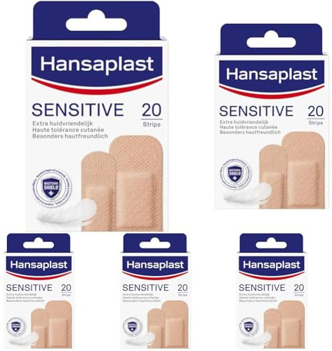 Hansaplast Sensitive Hautton Pflaster light (20 Strips), hautfreundliche und hypoallergene Wundpflaster mit Bacteria Shield & sicherer Klebkraft, schmerzlos zu entfernende Pflaster (Packung mit 5)