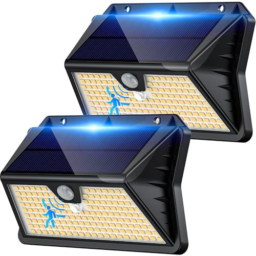 Giliwosy Solarlampen für Außen mit Bewegungsmelder, 185LED 3Modi IP65 Wasserdichte Solar Wandleuchte Aussen, Außenleuchte Solarlicht für Garten Garage (2 Stück Warmweiß)