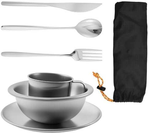 KTCINA 6Pcs Stainless Steel Camping Cutlery Set, Stainless Steel Tableware Mess Kit Includes Spoon, Mug, Bowl, Plate, Fork Knife in Mesh Bags for Camping Backpacking & Hiking Picnics