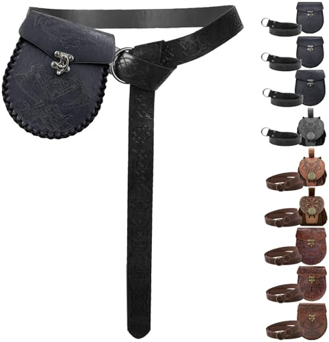 AUNGCSHE 2PCS Cinturón Medieval y Bolsa de Cuero Sintético, Cinturón Vikingo, Adecuado Disfraz Medieval Hombres y Mujeres, Disfraz Vikingo, Juegos De Rol Renacentistas (Hacha Negra)