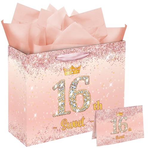 Eaureum Sweet 16 Birthday Gift Bag for Girls, 13 Rose Pink 16th Birthday Gift Bag Party Decorations for 16 years old Girls Daughter Granddaughter Friends