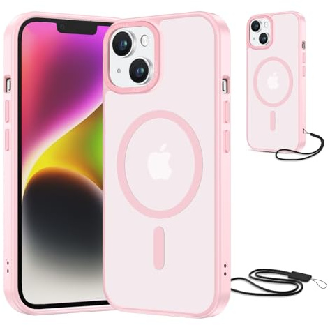 NEW'C Magnétique Coque pour iPhone 15 Plus, iPhone 14 Plus (6,7 Pouces), Compatible avec MagSafe Antichoc Ultime avec Cordon – Magnétisme Puissant et Protection Militaire -Etui Translucide Mat - Rose