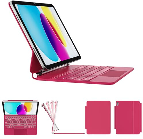 RAYMCRAFT per iPad 11a (A16, 2025)/Custodia di decima generazione con tastiera, Magic Keyboard 2022, tasti retroilluminati elastici, superficie antimacchia, trackpad multi-touch, rosso azalea