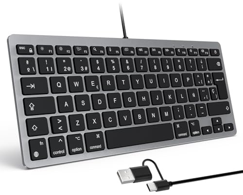 OMOTON Teclado con Cable para Mac, USB-C/USB, Teclas Silenciosas (Gris) | Compatible con Mac iMac/Mac Mini/MacBook Air/Pro | Plug&Play | Teclado Slim + Portátil, ES Layout
