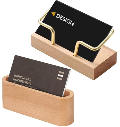 Vyranut Porta biglietti da visita in legno – Set da 2 supporti da scrivania con telaio in metallo dorato, design elegante per ufficio, reception e tavoli professionali – Colore legno chiaro