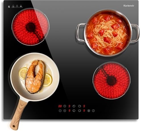 Glaskeramikkochfeld 4 Platten, Eingebautes Keramikkochfeld 60cm, 6000W | 9 Leistungsstufen, Sicherheitssperre, Zeitschaltuhr, Touch-Steuerung, Übertemperaturschutz, Automatisches Herunterfahren