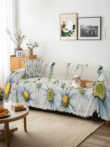 Daisy Eucalyptus Leaves Sofa Cover Blanket Couch Covers for Armchair Cushion,Couch Sofa Silpcover with Tassel,Rustic Weeping Botanical Linen Living Room Throw Towel Blanket Covers XX-L 71x150