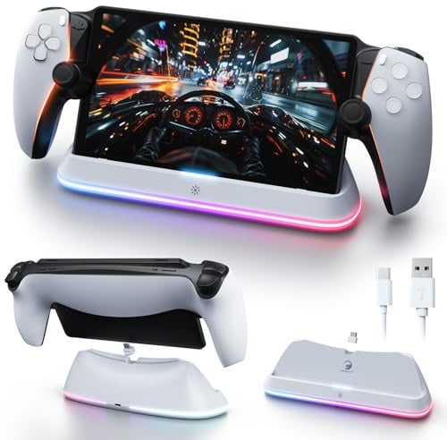 APTGAME Ladestation für PlayStation Portal Remote Player, 7 RGB Lichtmodi | PS Portal Ständer mit 7 RGB Lichtmodi, PS5 Portal Portable Ladestation mit magnetischem Anschluss und USB-C Ladekabel