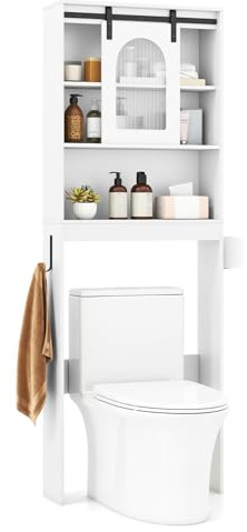 COSTWAY Over Toilet Storage Unit, Freestanding Bathroom Space Saver with Sliding Barn Door, Shelves & Toilet Paper Holder, Wooden Above-The-Toilet Cabinet Rack Organizer for Small Space (White)