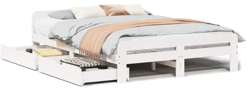 Mhdvray Massivholzbett 160x200 Kiefer Weiß mit 2 Schubladen & Lattenrost rustikaler Landhaus Look geräumiger Stauraum Jugendzimmer Doppelbett für Schlafzimmer Gästezimmer