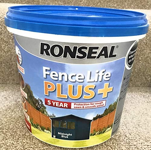 Ronseal Fence Life Plus+ Midnight Blue 5L, 5 Year Long Lasting Protecion, All Weather Protection, Sticks to Damp Wood, Brush or Spray on, for All Sheds and Fences Also Showerproof in 1 Hour