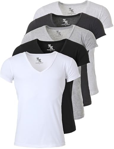 Young & Rich Herren Uni T-Shirt mit extra tiefem V-Ausschnitt Slimfit Stretch Dehnbare Passform einfarbiges Basic Shirt - 5er Pack, Grösse:M, Farbe:Weiß/Schwarz/Grau/Dunkelgrau/Hellgrau