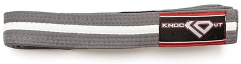 KO Sports Youth BJJ Gi Belt for Kids, 100% Cotton Durable Weave with Ranking Bar, Ages 4–18, All Ranks Training & Competition (Grey and White, M2)