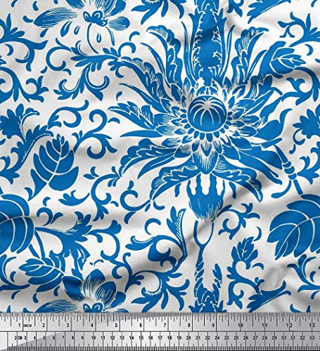 Soimoi Bleu Mousse Georgette en Tissu Tourbillon, Feuilles et Chinois Oriental Floral Tissus imprimes par Metre 42 Pouce Large