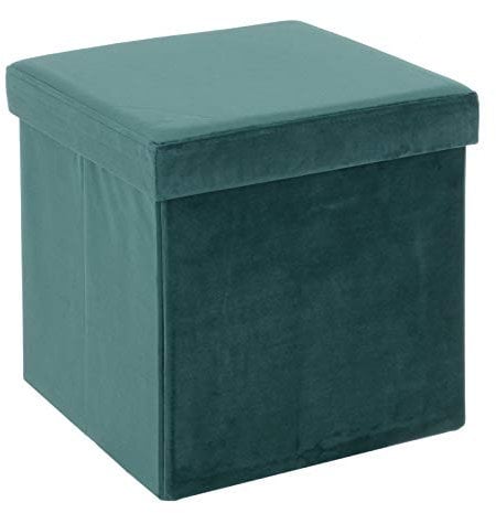 Hodge and Hodge Dark Green Folding Storage Ottoman 38cm Cube With Plush Velvet Fabric Cover Padded Lid Ideal Extra Seat Foot Stool Toy Box Magazine Tidy Home Towel Bedroom Linen Hamper 40L Capacity