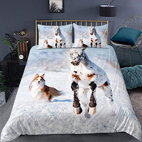 Loussiesd Bettwäsche Set Pferd Hund Schnee Winter Warm Weiß Bettbezug Set für Kinder Jungen Mädchen 135x200 cm Microfaser Betten Set mit Reißverschluss und 1 Kissenbezug 80x80 cm