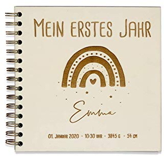hello mini - Personalisiertes Babybuch Mein erstes Jahr | Baby-Tagebuch mit Holz-Cover | Geschenk zur Geburt für Mädchen & Jungen Erinnerungsbuch Baby Geschenk Babyalbum