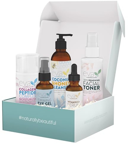 Eva Naturals Rejuvenating Skin Care Set - Exfoliate, Replenish & Moisturize With Vitamin C Plus Serum, Bee Clean Cleanser, Eye Gel, Face Moisturizer & Toner - Perfect Facial Cleanser Bundle