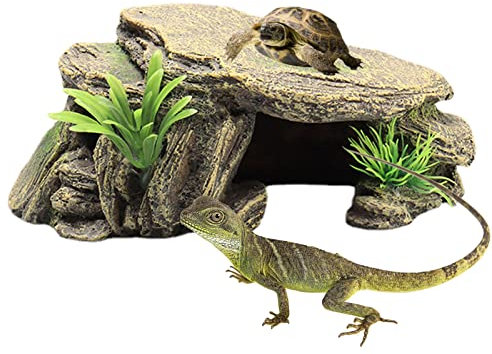 Anloximt cachette d'habitat Reptile Tortue | Ornement d'habitat Reptile Roche Repos Quai résine Tortue | Abris sûrs amphibies vifs pour la décoration Terrarium