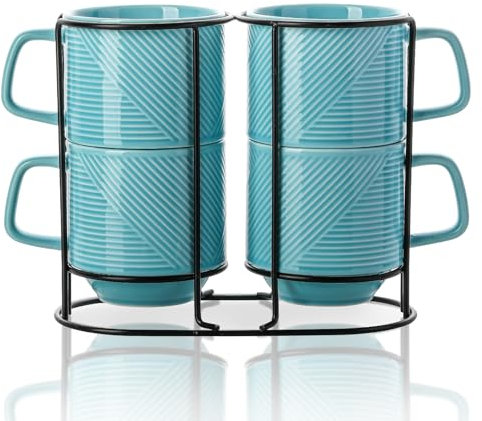 Adewnest Stackable Coffee Mugs with Rack: 13 oz Stacking Ceramic Cups with Stand - Porcelain Stacked Tea Mug Set of 4 (Turquoise)