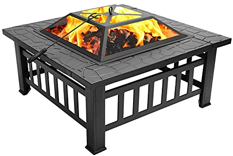 Feuerstellentisch mit Grillablage, Stahl für Grill, Heizung, Eisgrube, Metall-Kohlenbecken, Campingschüssel für Gartenterrasse im Freien, Schutzhülle, quadratisch
