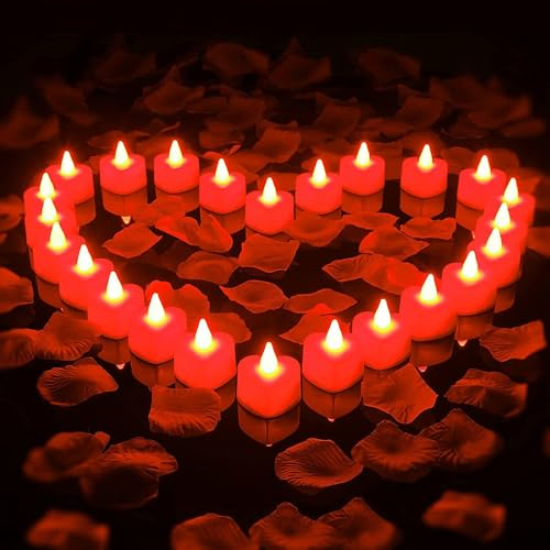 Mineup 24 Bougies LED en Forme de cœur romantique et 2000 petale de rose, Forme de Coeur Bougies LED, bougie coeur Bougies Romantiques pour fêtes, mariages, Saint-Valentin