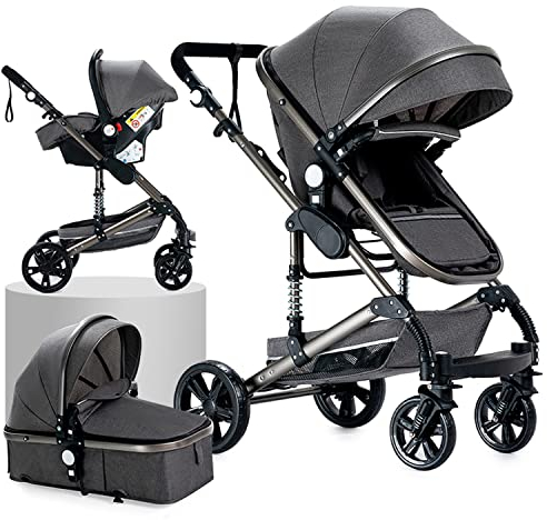 Prokoke Kinderwagen 3 in 1, Buggy Einem Klick Faltbar, Kombikinderwagen 3 in 1 mit Umkehrbarem Zwei-Wege-Schub, Kinderwagen Rahmen Aluminiumlegierung Baby Kleinkind Neugeborene (739 Hellgrau)