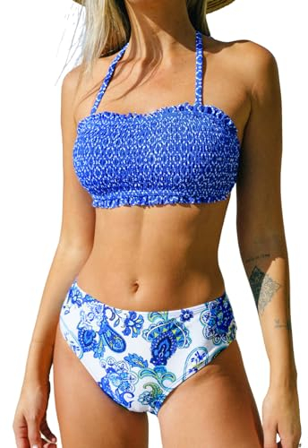 CUPSHE Bikini deux pièces pour femme, haut bandeau à nouer dans le dos avec bretelles amovibles, bas taille moyenne, Motif cachemire bleu, Taille M