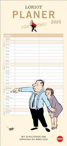 Loriot Planer für zwei - Kalender 2025 - Heye-Verlag - Familienkalender mit 2 Spalten - 16 cm x 34,7 cm - Paarplaner