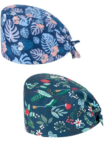 FDCGAS Nurse Caps, 2 Pack Surgical Caps, Adjustable with Button, Work Cap, Cotton Print, Sick Nurse Cap, Adjustable Work Caps,Cotton Nurse Cap with Buttons,Personal Care Needs,Unisex Dust Caps