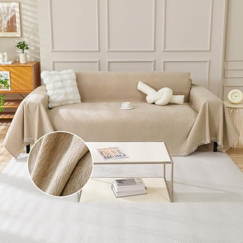 TAOTAOGO Sofa Überwurfdecke für 2/3 Sitzer, L-förmige Ecksofas, Einfarbige Chenille Kratzfest Sofaüberzug, Waschbar Sofaüberwurf, haustierfreundlich Couchüberzug mit Quasten F Khaki 180x300cm
