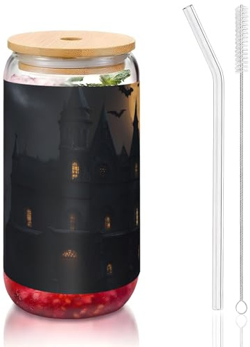 DUWAA Halloween-Gothic-Trinkgläser mit Bambusdeckel und Glasstrohhalm, 473 ml, Glasbecher, Biergläser