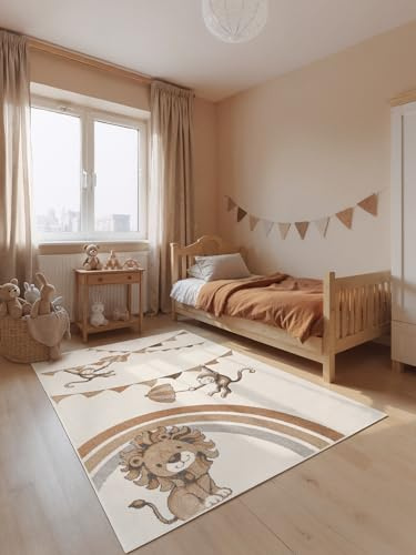 Villeroy & Boch Boho Kids - Kinderteppich - Roar Like a Lion Rainbow Party - weicher Kurzflor, Kinderzimmer Mädchen & Junge, Tiermotiv Spielteppich, Krabbelteppich - Creme Multifarben, 160x230 cm