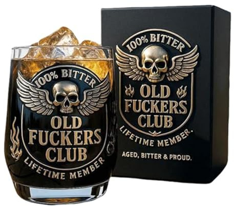 Old F*ckers Club Whiskey Glass, Black Gold Skull Wings Design, Durable Drinkware for Bold Legends, Commemorative Drinkware, Funny Gag Gift for Dad Friend Coworker (1PC)