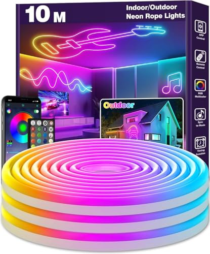 LETIANPAI 10M Neon LED Strip, Flexible LED Strips, Control with App/Remote, Multiple Modes, Waterproof, Music Sync Gaming Strip Lights for Bedroom Indoor, IP65 Outdoor RGB Neon Lights