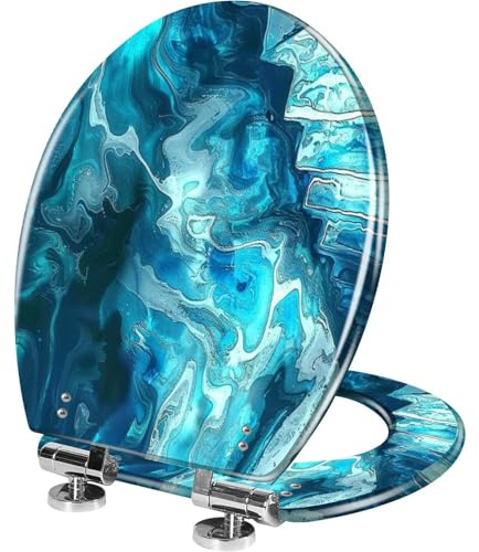 Bathroom Elongated Toilet Seat Blue Marble Resin, Quiet Close Quick Release Hinges, Decorative with Cover Easy to Install, Style 3