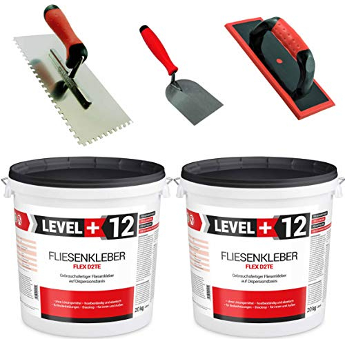 Set Kleberbox 40 Kg Fertig Fliesenkleber + Fugbrett + Zahnglätter + Spachtelkelle Steinkleber Flexmörtel Weiß Innen Außen Dispersions-Kleber SET200