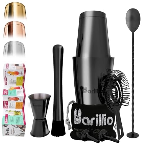 Barillio Ensemble Shaker Boston Noir - Kit de Barman Mixologie en Acier Inoxydable - Shaker à Martini Lesté, Passoire, Mélangeur - Ensemble de Bar pour la Maison - 9 Pièces