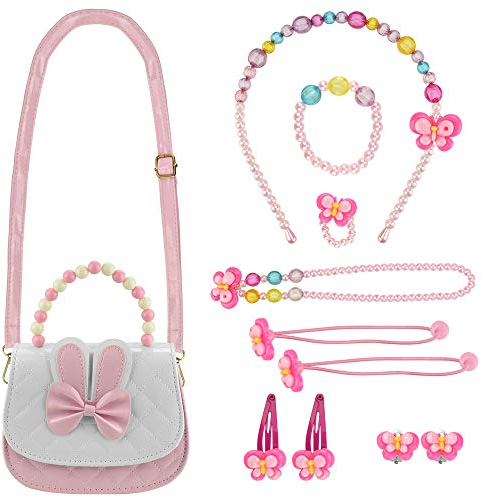 DECARETA Sac à Main Petite Fille Sac à Bandoulière Mignon avec 7 Types d'Accessoires pour Papillons Sac à main pour Enfants Petit Sac à Main Princesse en Cuir PU pour Anniversaire, Noël, Cadeau (Rose)
